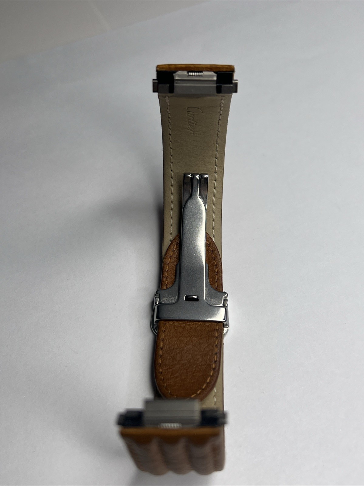 19mm Cartier Tan Ridged Leather Strap Band & 17mm Steel Foldover Deployant Clasp