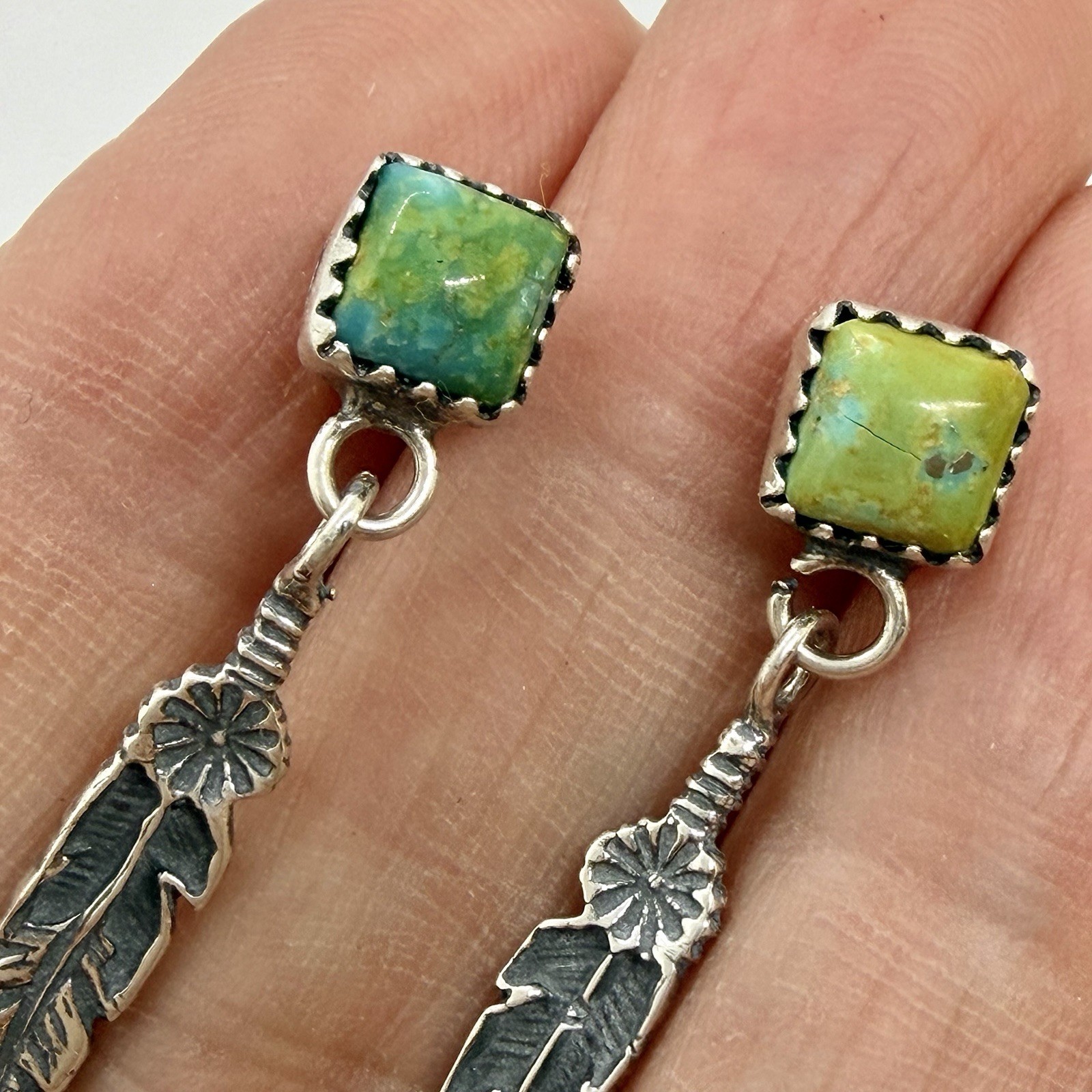 Native American Sterling Silver Turquoise Dangle Stud Feather Earrings by Largo