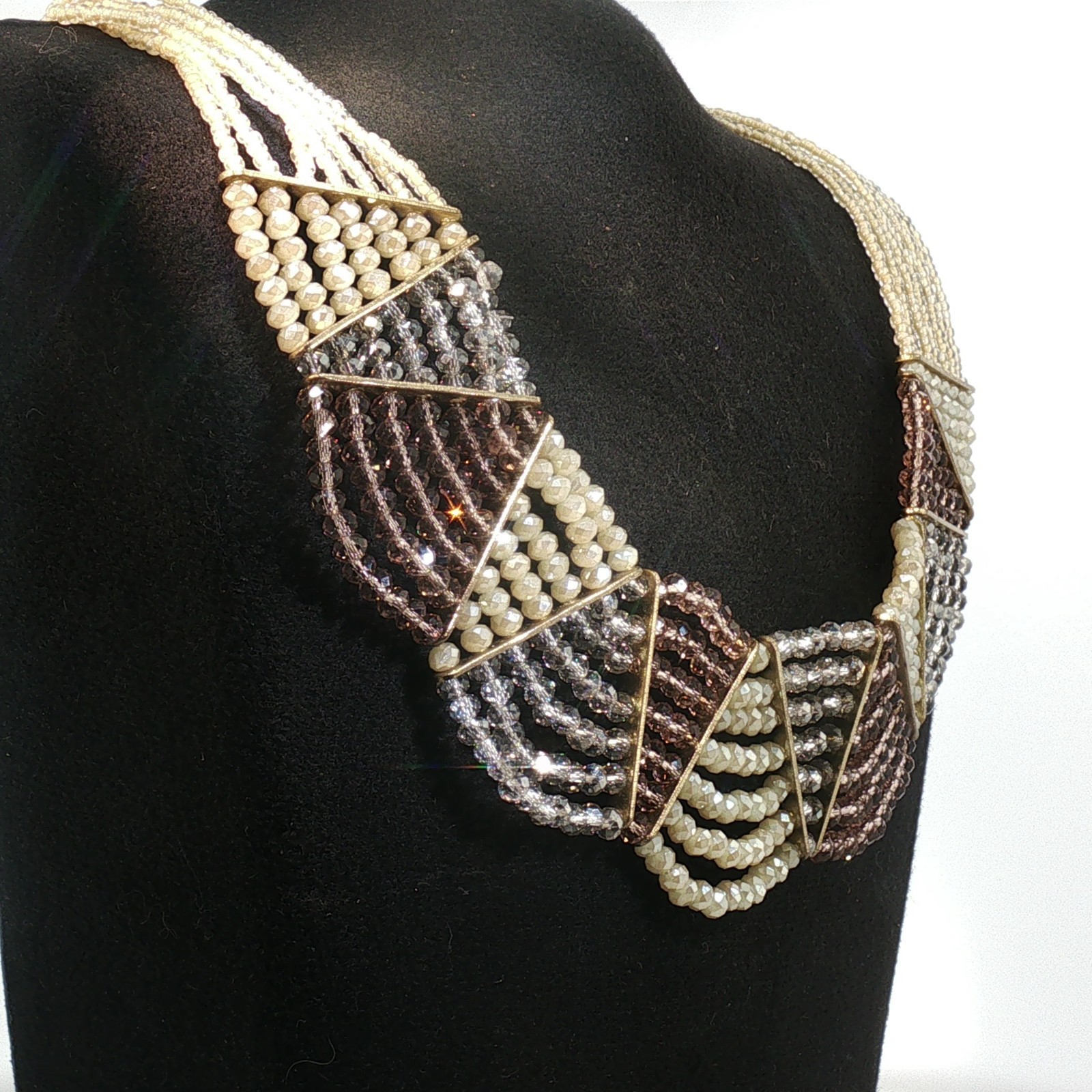 Vintage Multi-Strand Crystal Bib Necklace Gold Bronze Geometric Statement
