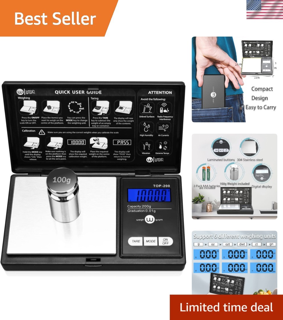 Precision 200g x 0.01g Pocket Scale with Calibration Weight – Easy to Use