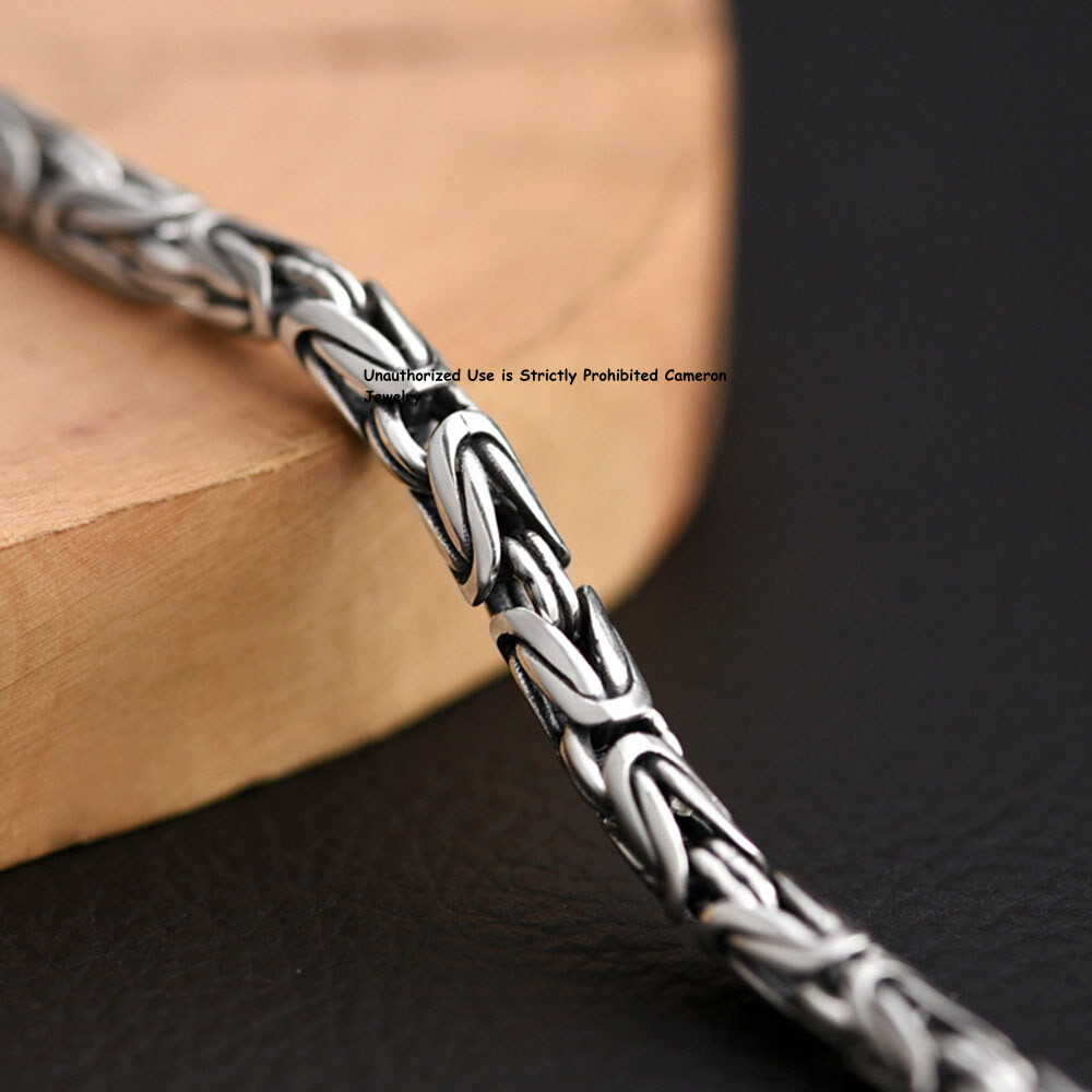 Pure S925 Sterling Silver Chain Men Women 4mm Byzantine Link Bracelet 6.7-8.7inL