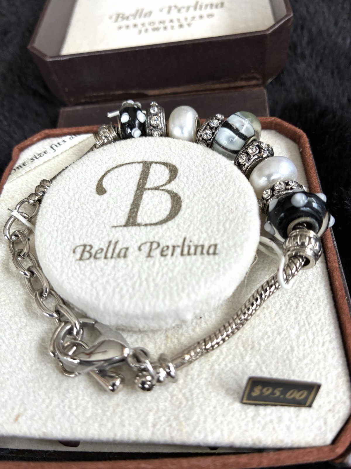 Bella Perlina Charm Crystal Bead Bracelet pearl Rhinestone Silver Tone New $95