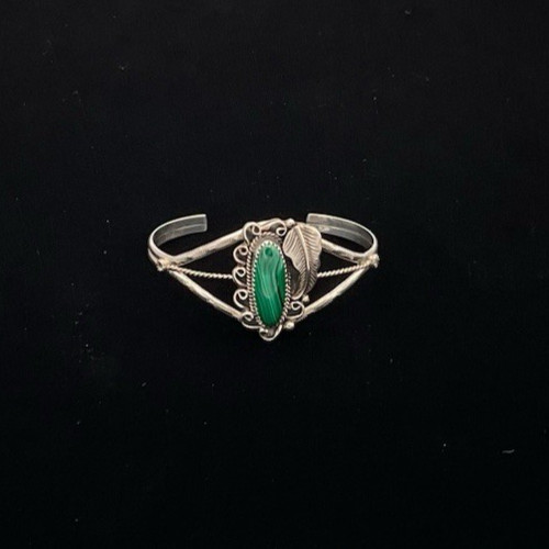 Native American Cuff Bracelet Silver Tone Malachite Stone 6″ Wrist 14.9g NICE