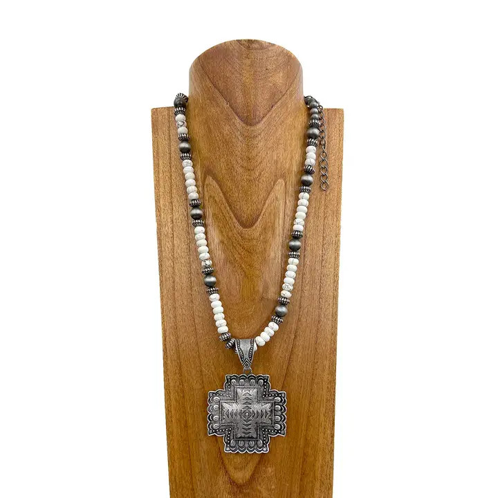 Silver Pearl Beads and White Roundel Stone with Silver Metal Cross Pendant