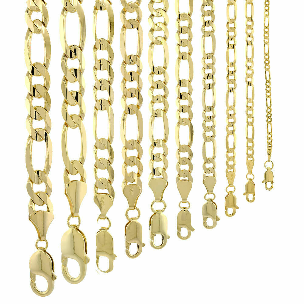 10k Solid Yellow Gold Figaro Chain Necklace 2.23mm-10.25mm Sz 16-30 Inches