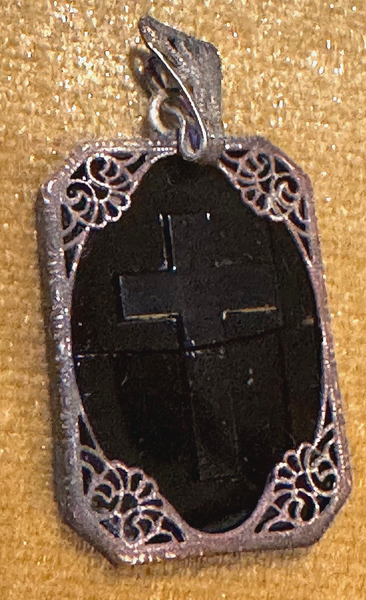 Antique Ornate Border with Black Onyx Mourning Pendant Etched Cross & Star Prism