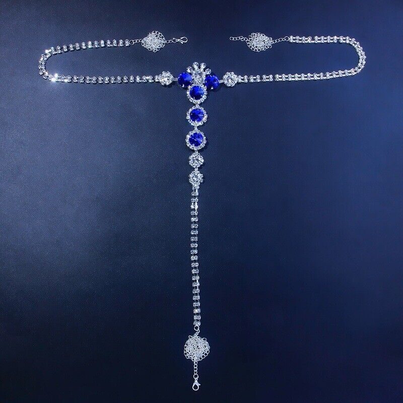 Sexy Rhinestone Thong Panty Silver Blue White Body Chain Underwear Lingerie