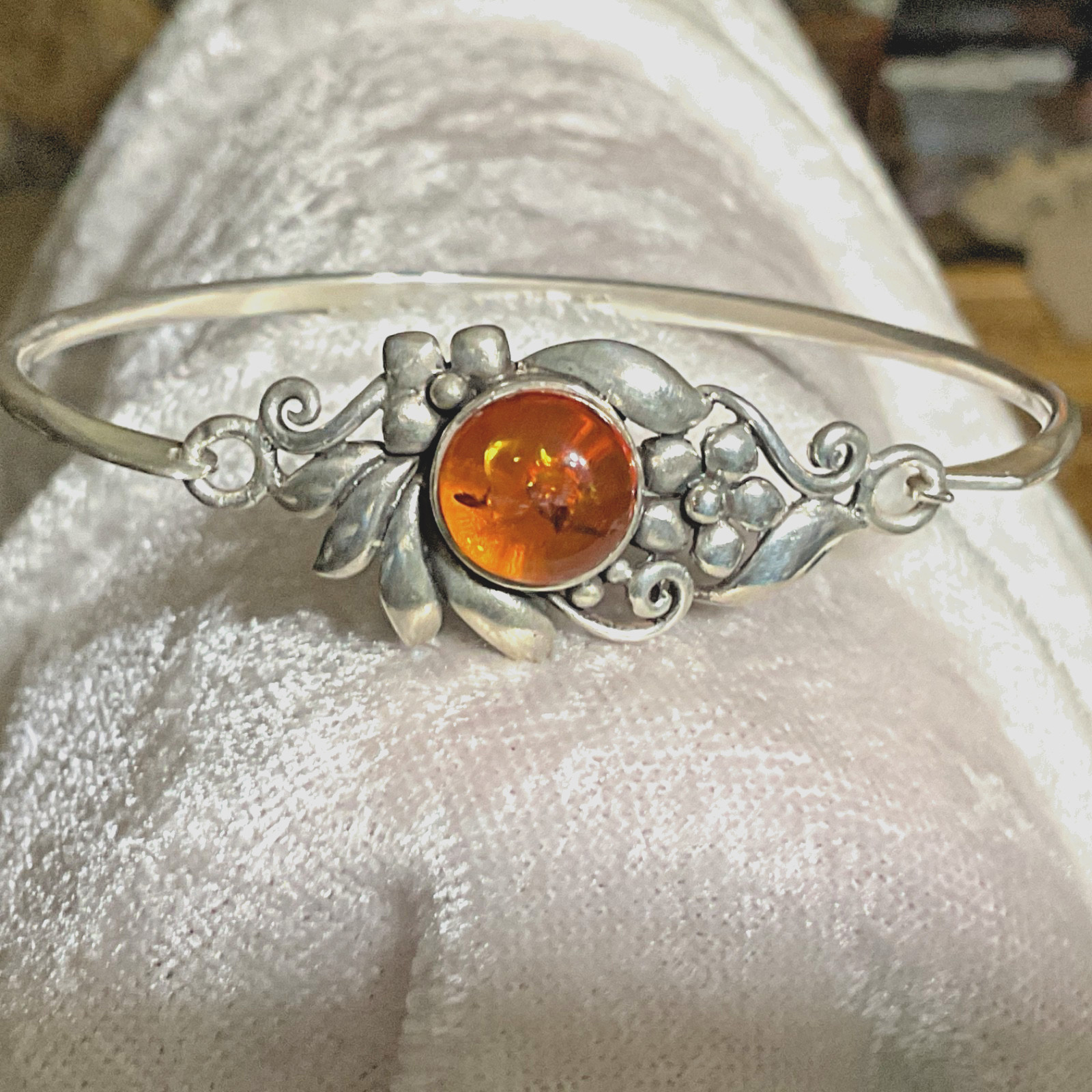 Sterling Silver Cognac Baltic Amber Floral Bangle Bracelet by Boma