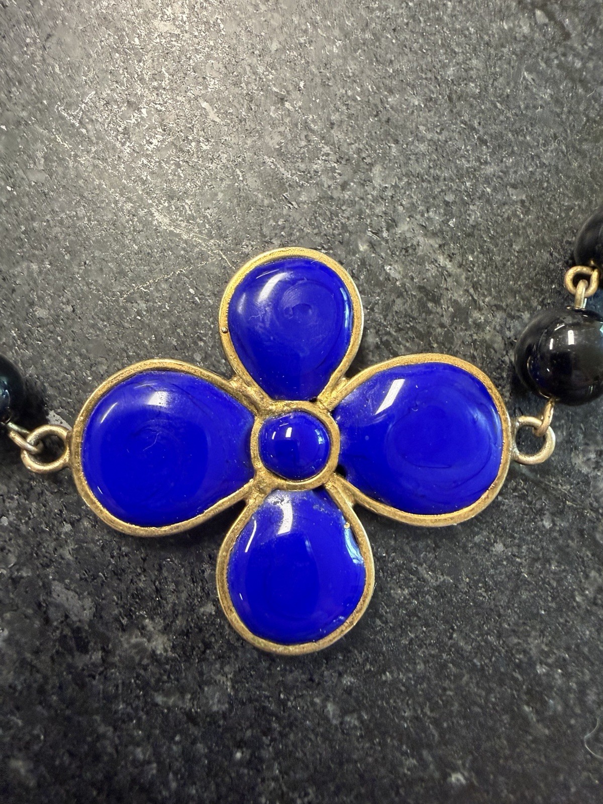 Vtg Françoise Montague Paris 46″ Long Sautoir Necklace Blue Clover Poured Glass