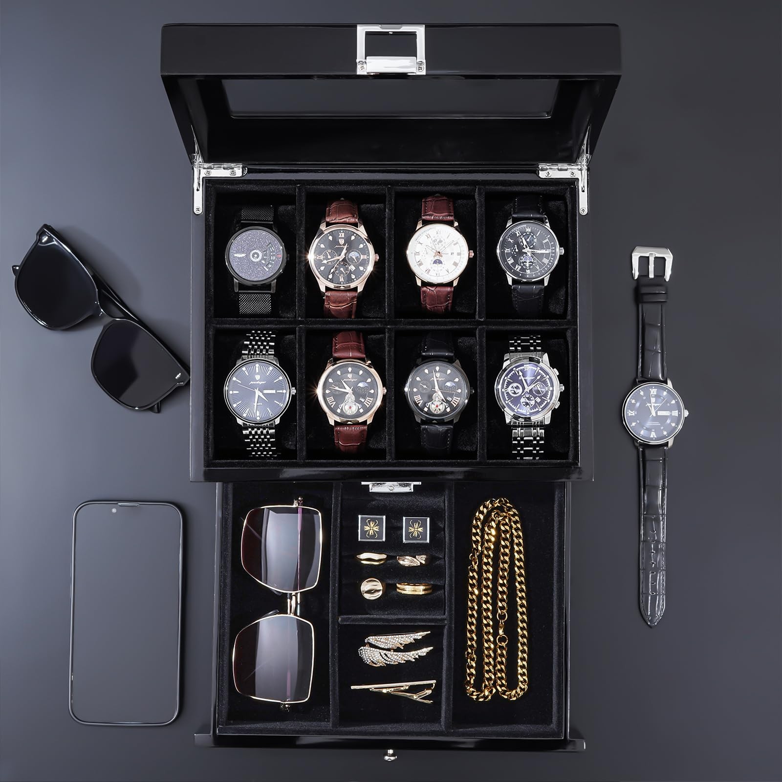 ProCase Wooden Watch Case, 8 Slot Mens Watch Box with Drawer, 2-Layer Mens Jewel
