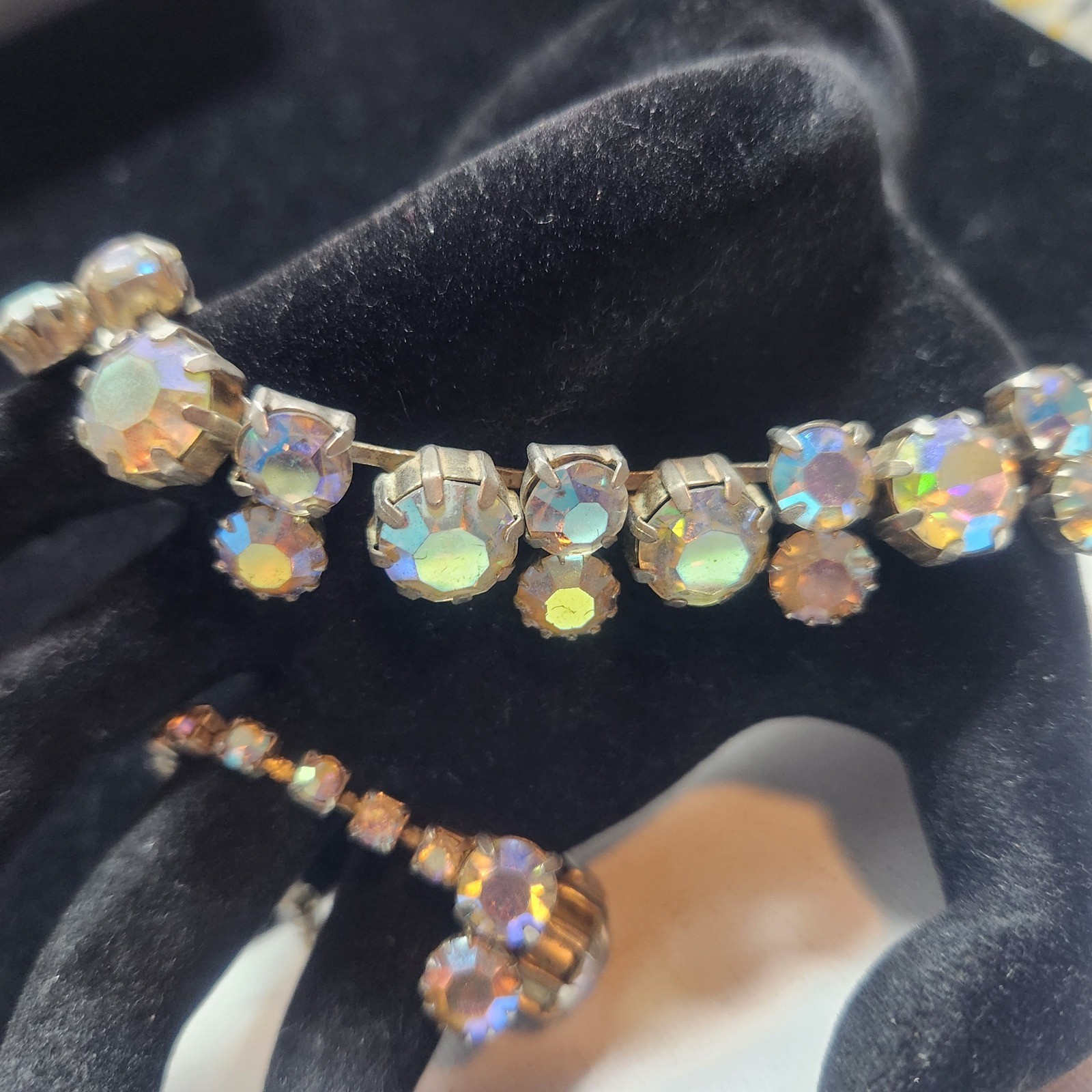 Vintage Aurora Borealis Rhinestone Choker Necklace Silver Tone J-Hook 15.5 Inch