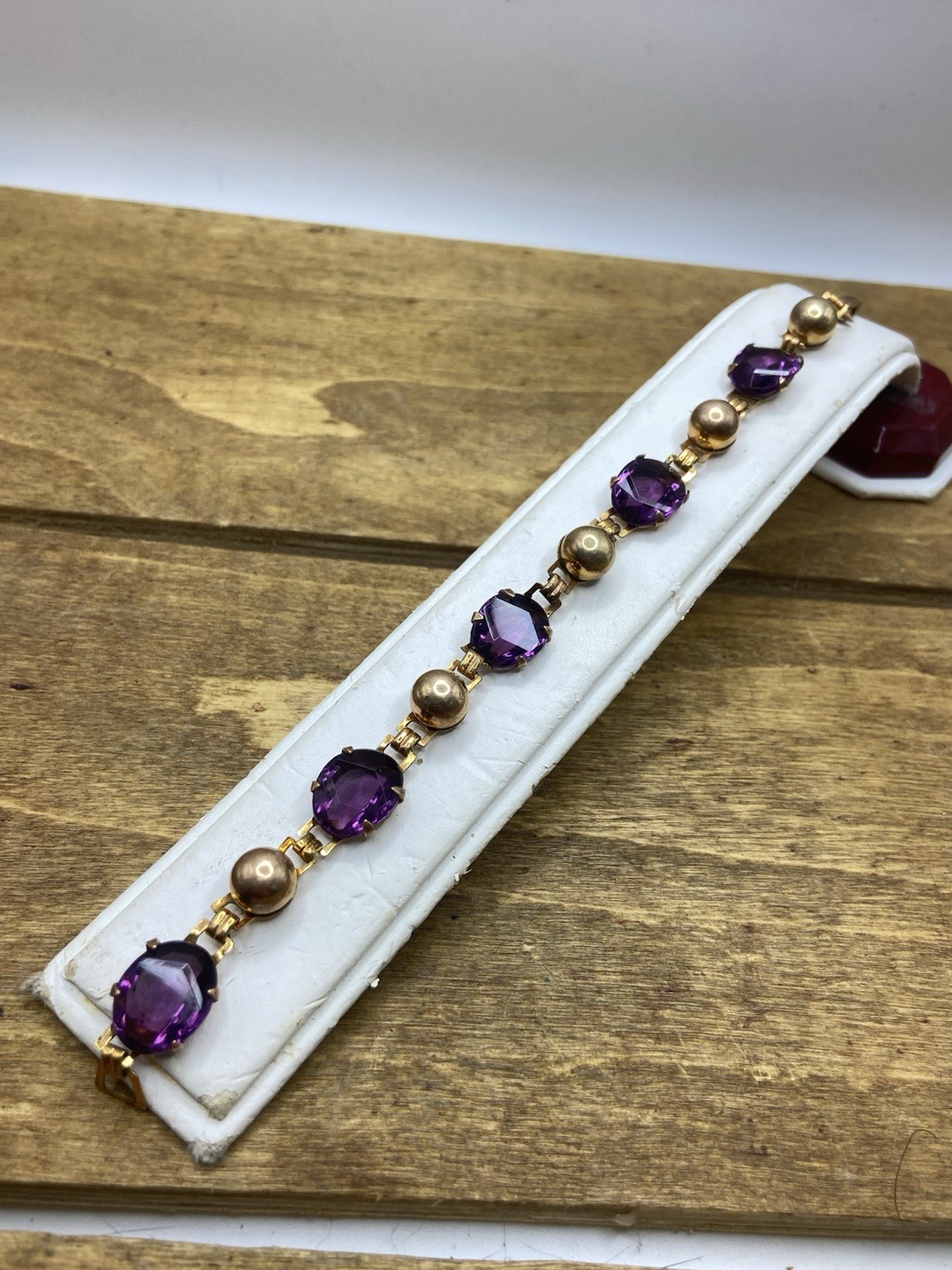 Vintage 1950s Bal-Ron Signed 12k GF Purple Czech Glass Bracelet 6.5”
