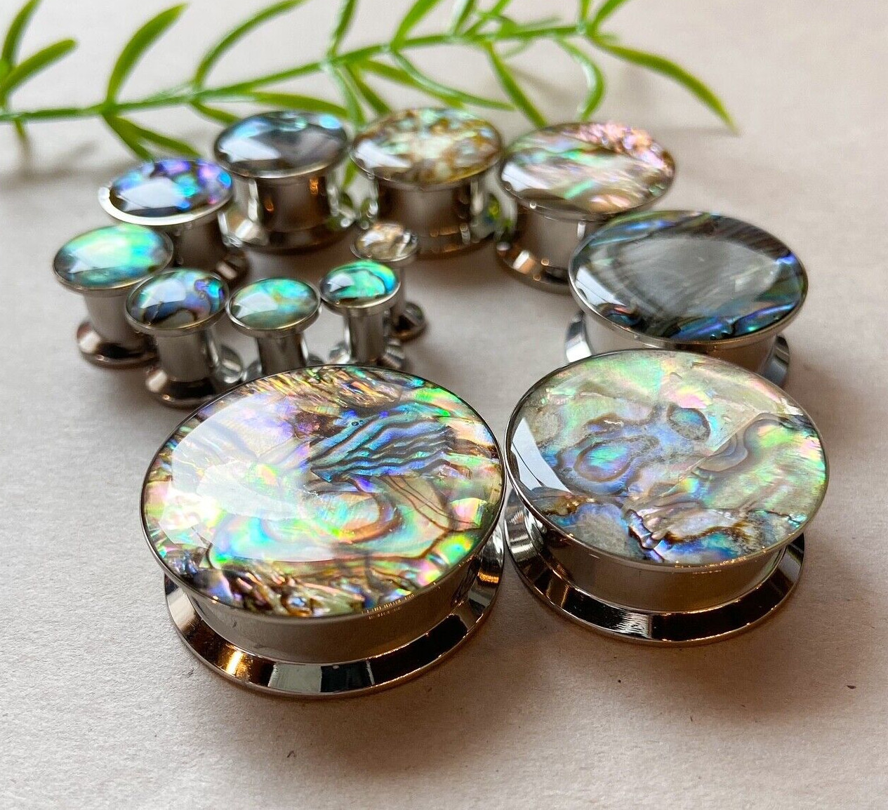 PAIR Abalone Inlay Steel Screw Fit Plugs Tunnels Earlets Gauges Body Jewelry