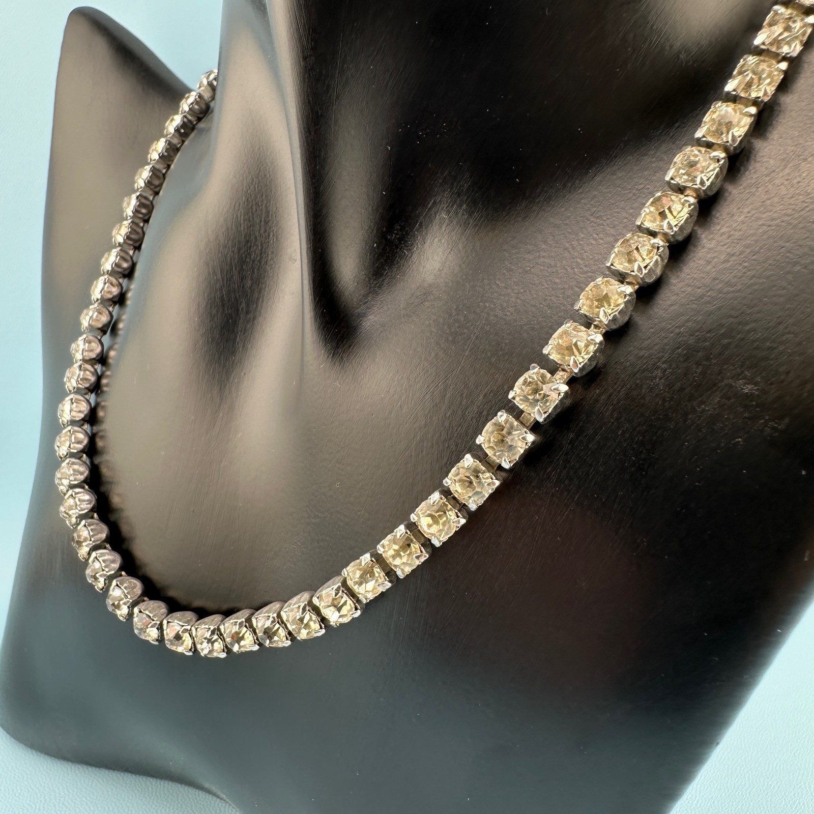 Vintage Rhinestone Choker Necklace Silver Tone Cup Chain Riviere Old Hollywood