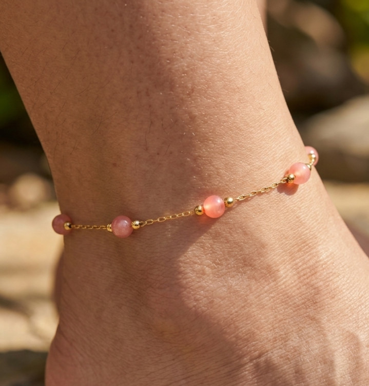 Elegant Gold Color Plated Pink Tourmaline Beaded Anklet | Minimalist Brass Chain