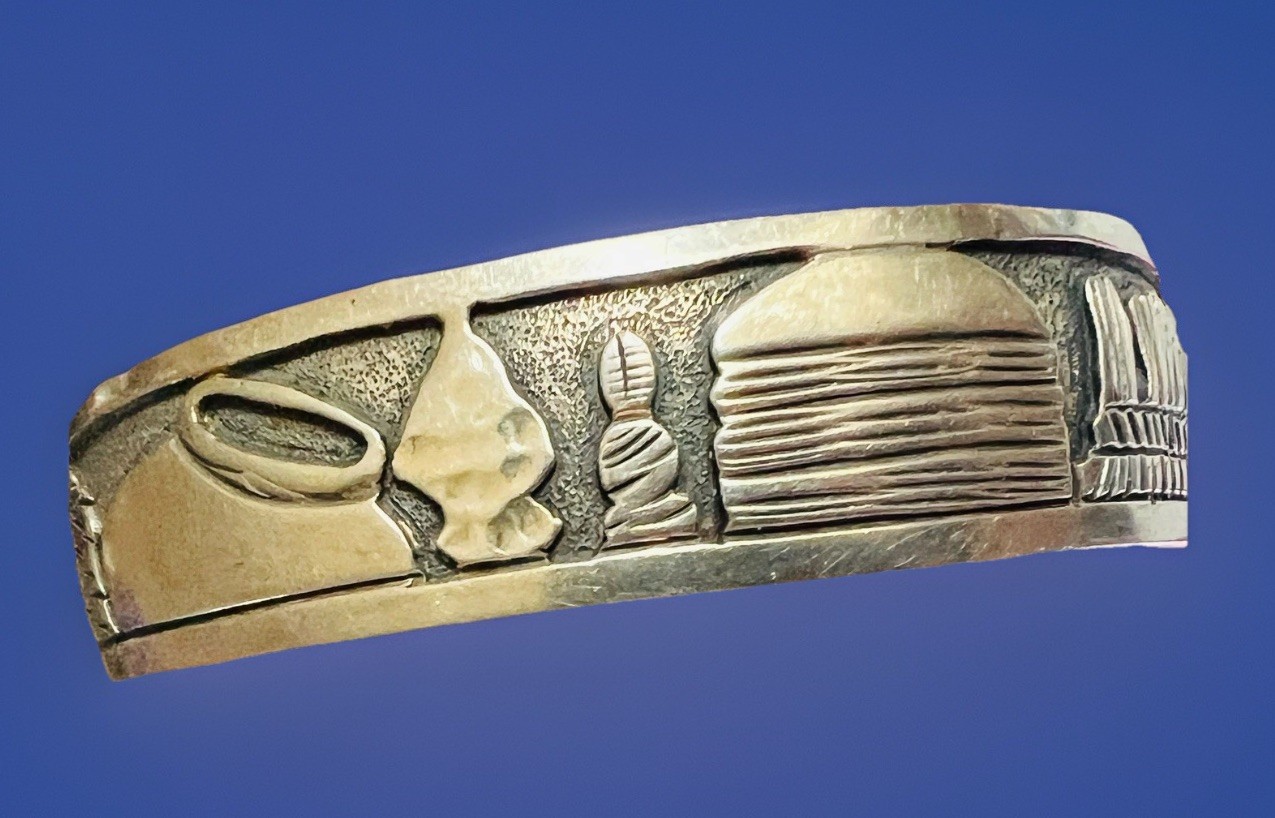 VTG BCT BECENTI STERLING SILVER NAVAJO OVERLAY STORYTELLER CUFF BRACELET 6.75”