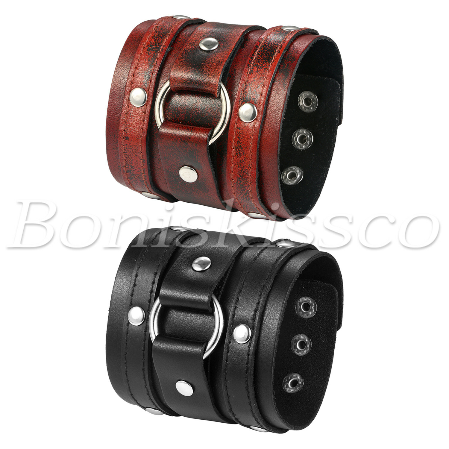 Men’s Punk Rocker Biker Gothic Heavy Wide Leather Straps Wristband Cuff Bracelet