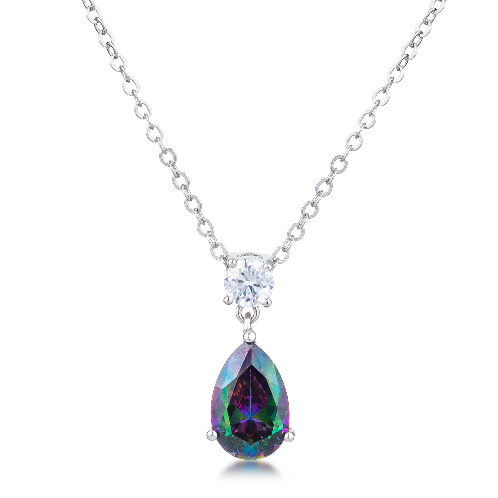 Silvertone Rhodium Plated Brass Mystic Cubic Zirconia Dangling Teardrop Necklace