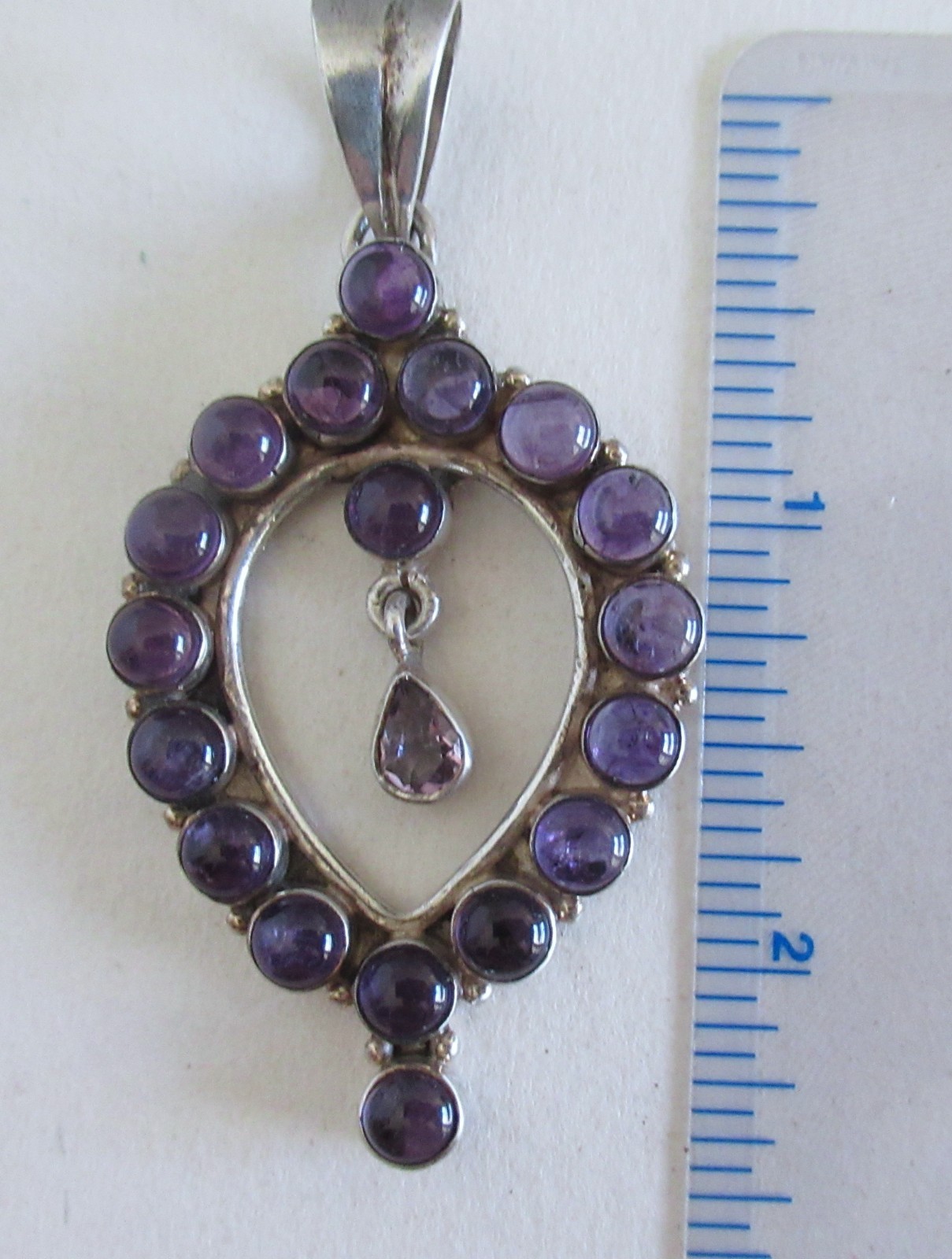 2 1/2 INCHES STERLING PENDANT w AMETHYST or AMETHYST ART GLASS, HANDMADE by MC