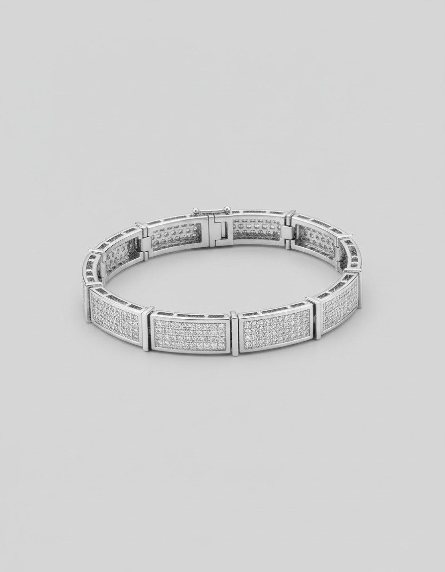Mens Luxury Silver Bar Bracelet Iced Out Pave Panel Streetwear Fashion