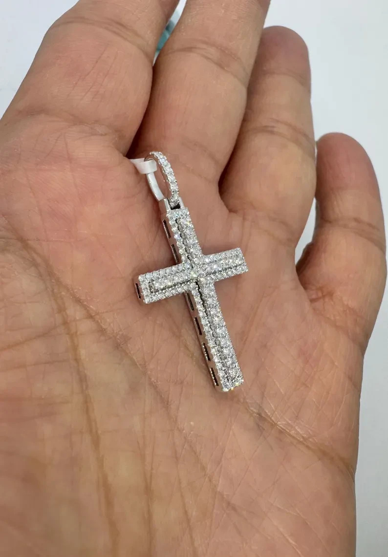 0.89Ct Round Cut Moissanite Cross Square Pave Set Pendant 14K White Gold Plated