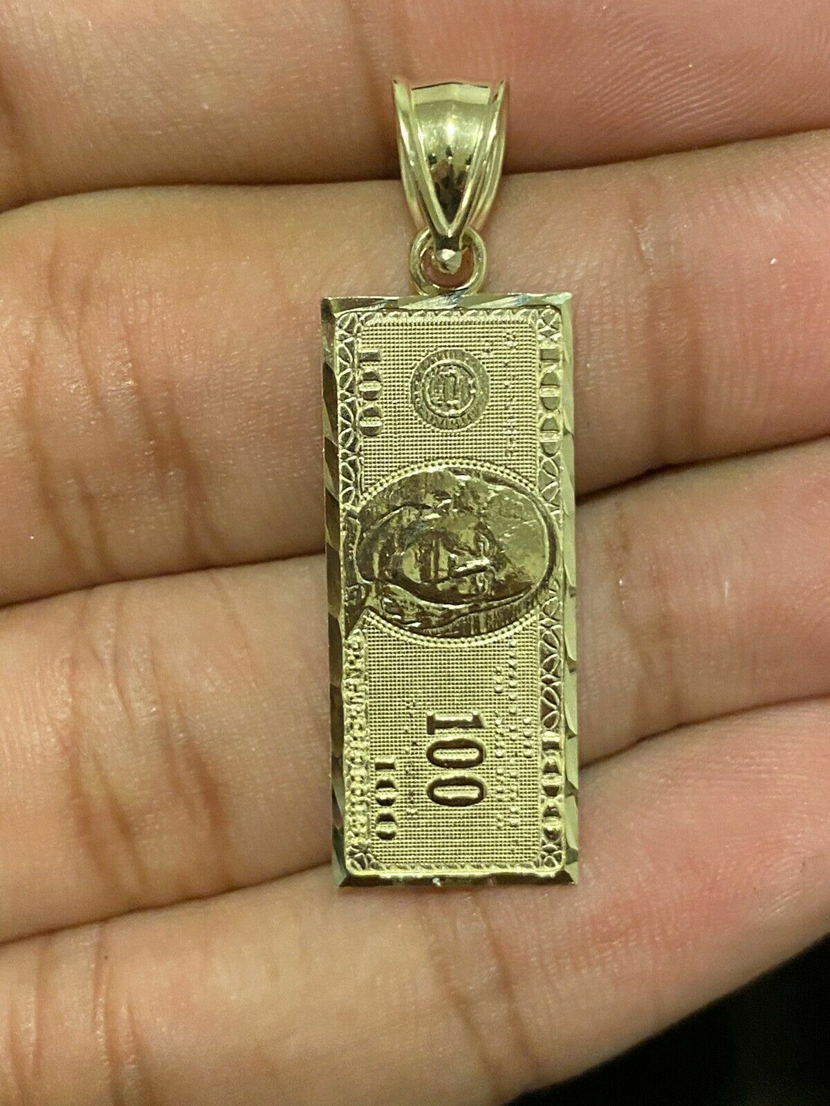 10K Yellow Gold Men’s $100 Dollar Bill Pendant Diamond Cut, 10KT Real Gold, NEW!
