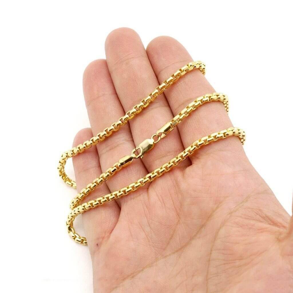 14K Yellow Gold 3.5mm Solid Round Box Chain Necklace 20″ – 30″