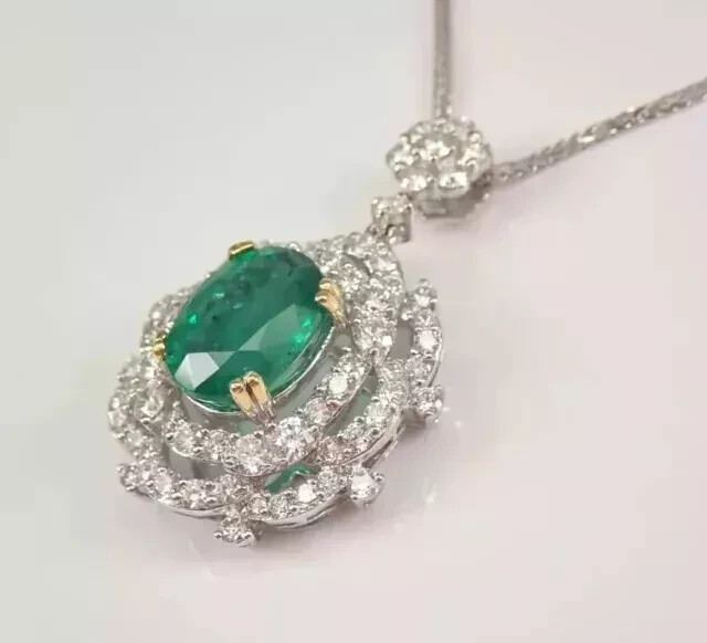 3.00Ct Oval CutNatural Green Emerald Halo Wedding Pendant 14K White Gold Plated