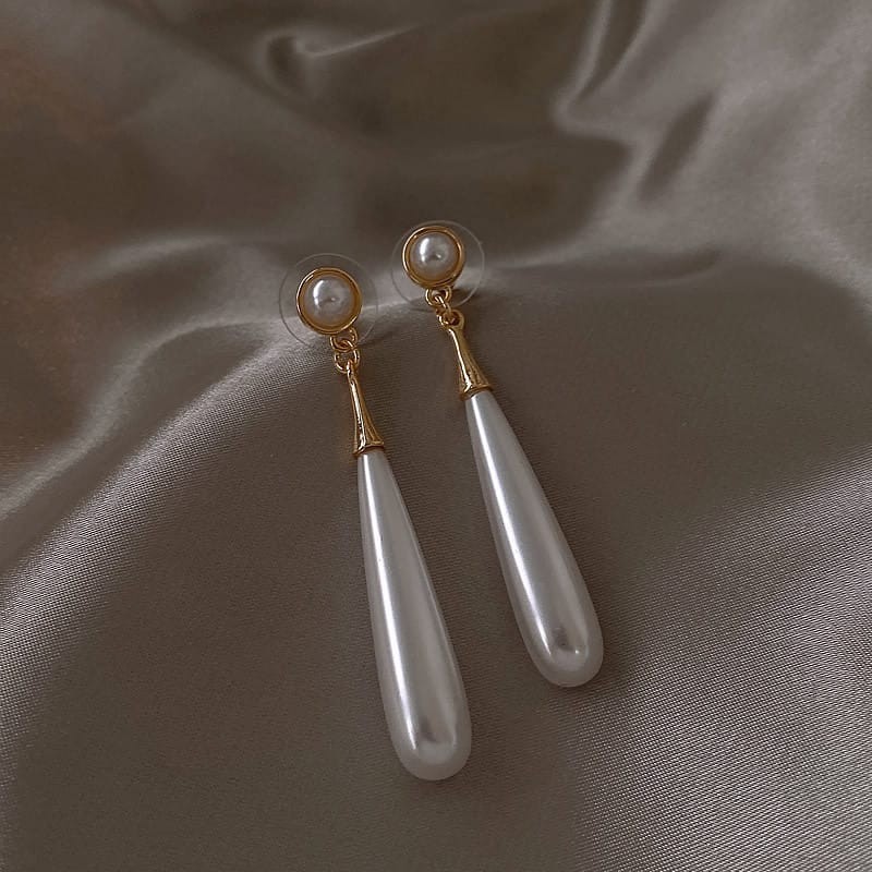Water Drop Simulated Pearl Dangle Earrings Gold Tone Long Drop Wedding Jewelry
