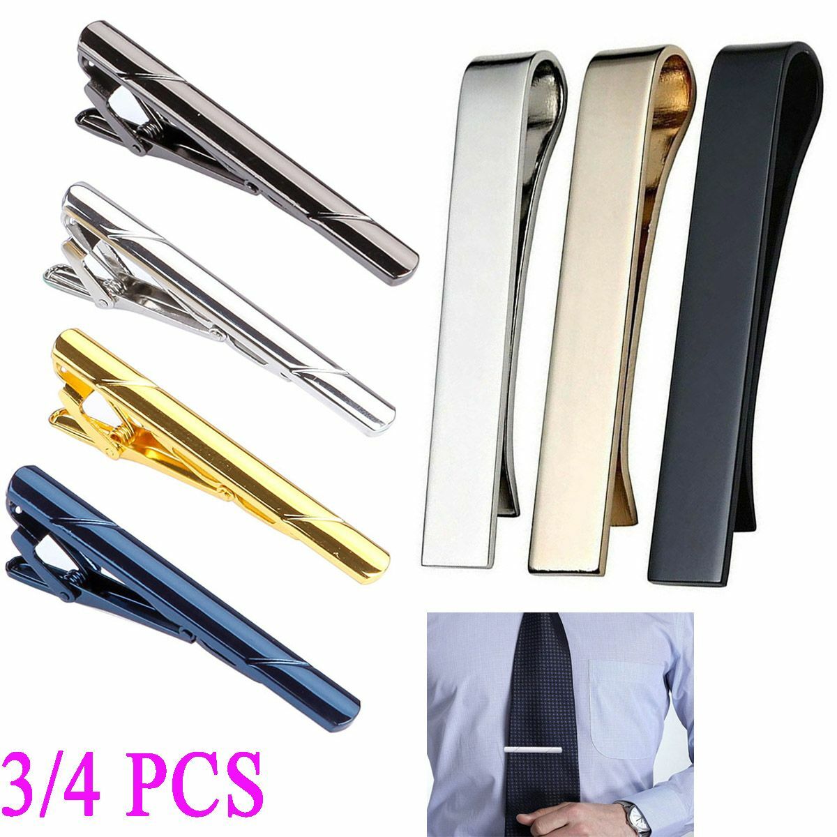 3/4Pcs Set Men Plain Chrome Necktie Steel Standard Plain Tie Clip Clasp Bar Pins