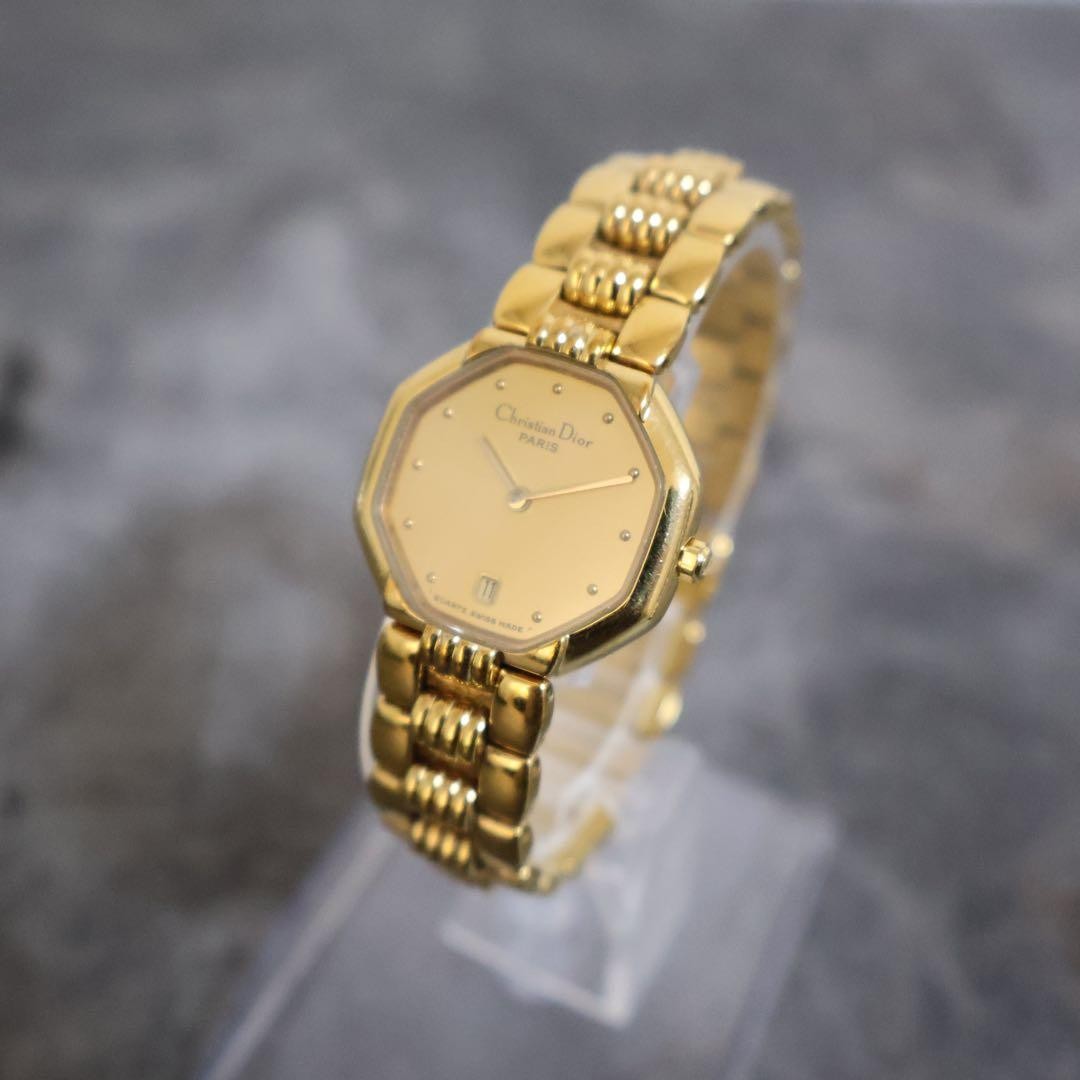 Christian Dior Octagon Gold Quartz Wristwatch Date Display
