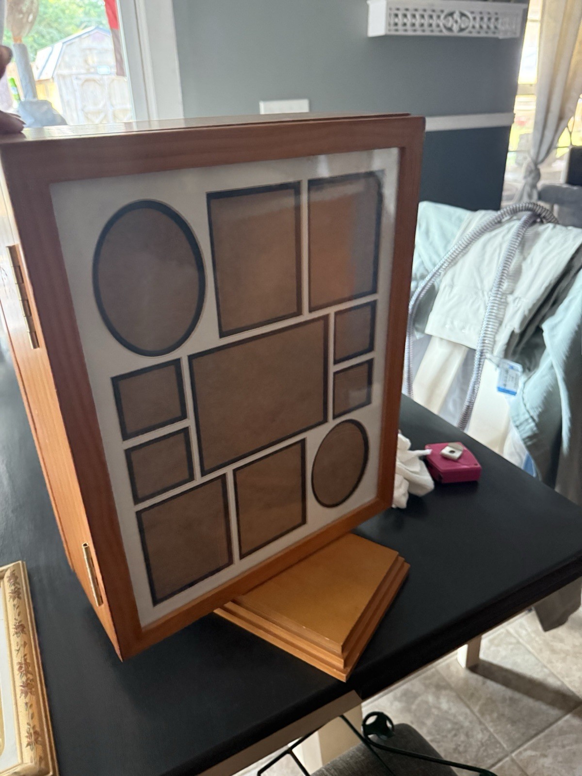 Vintage Wall Mounted Wood Jewelry Cabinet w/ Hooks, Photo Front, 25+ Pieces