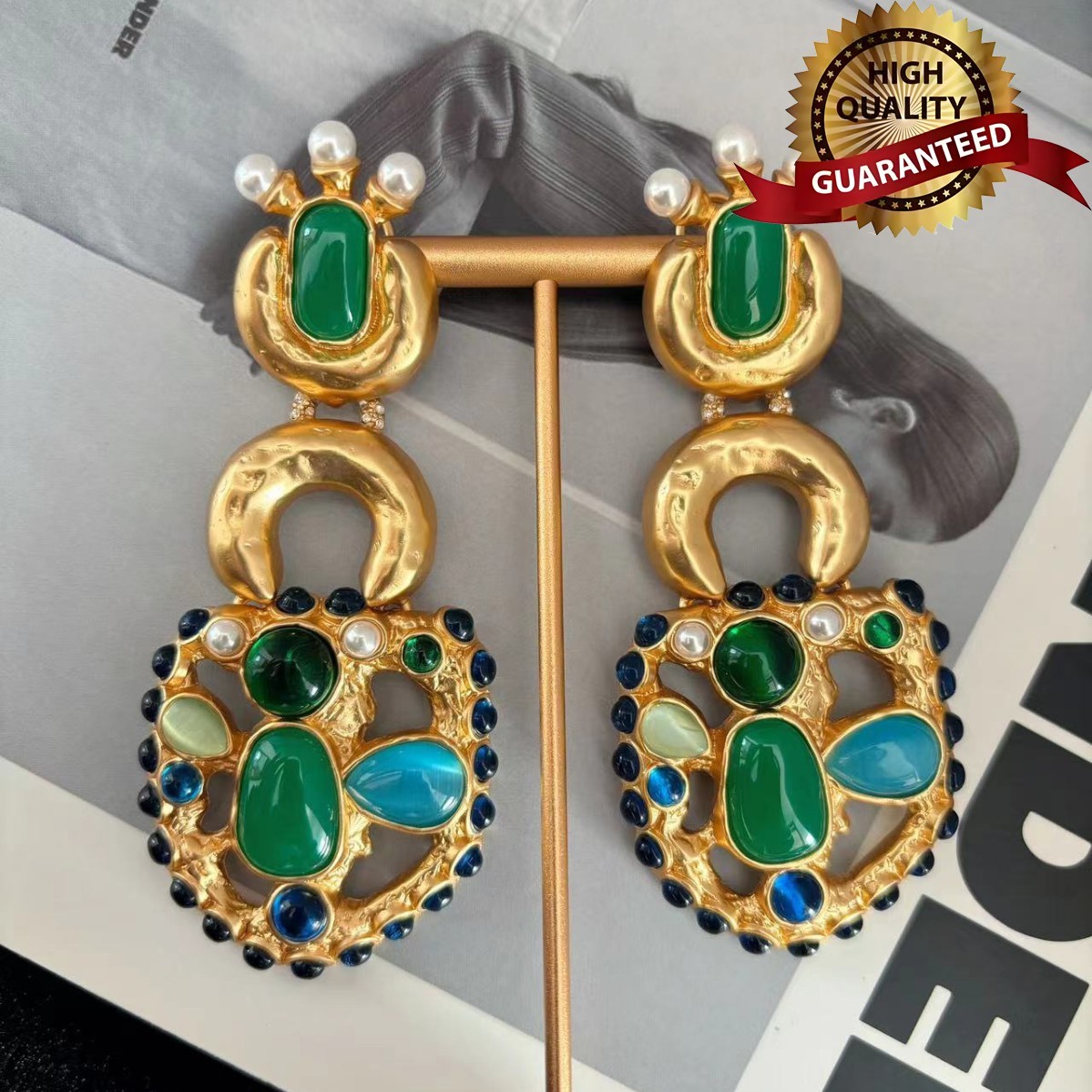 🎁AUTHENTIC High Quality Schiaparelli Charm Colored Gemstone Pearl Gold Earrings