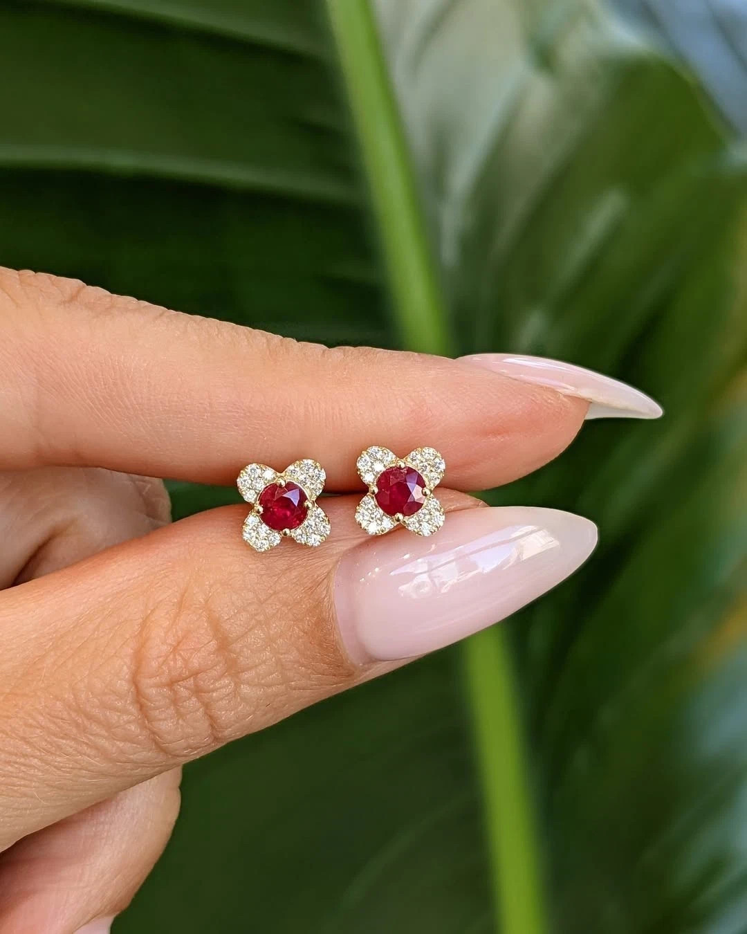 Sterling Silver Floral Ruby Red Stone Stud Earrings in Gold Finished for Women