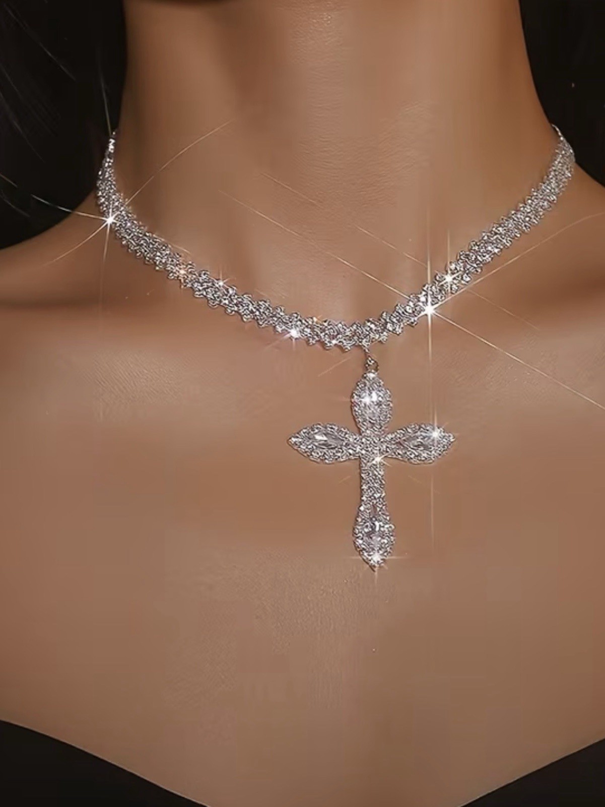 925 Sterling Silver Cross Pendant Charm Necklace White Zircon Adjustable 14.96″