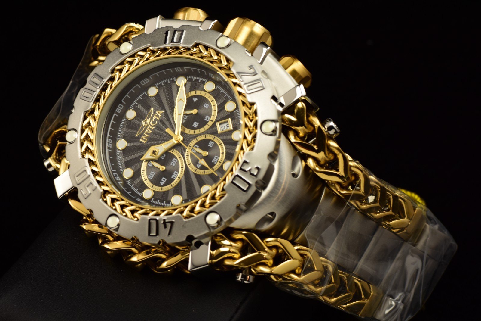 Invicta Men’s Gladiator Black Dial Chronograph Date Steel Gold Watch