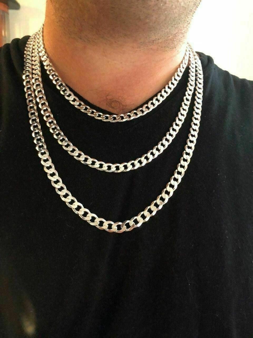 Men’s Flat Miami Cuban Link Chain Solid 925 Sterling Silver 8mm Thick Italy Made