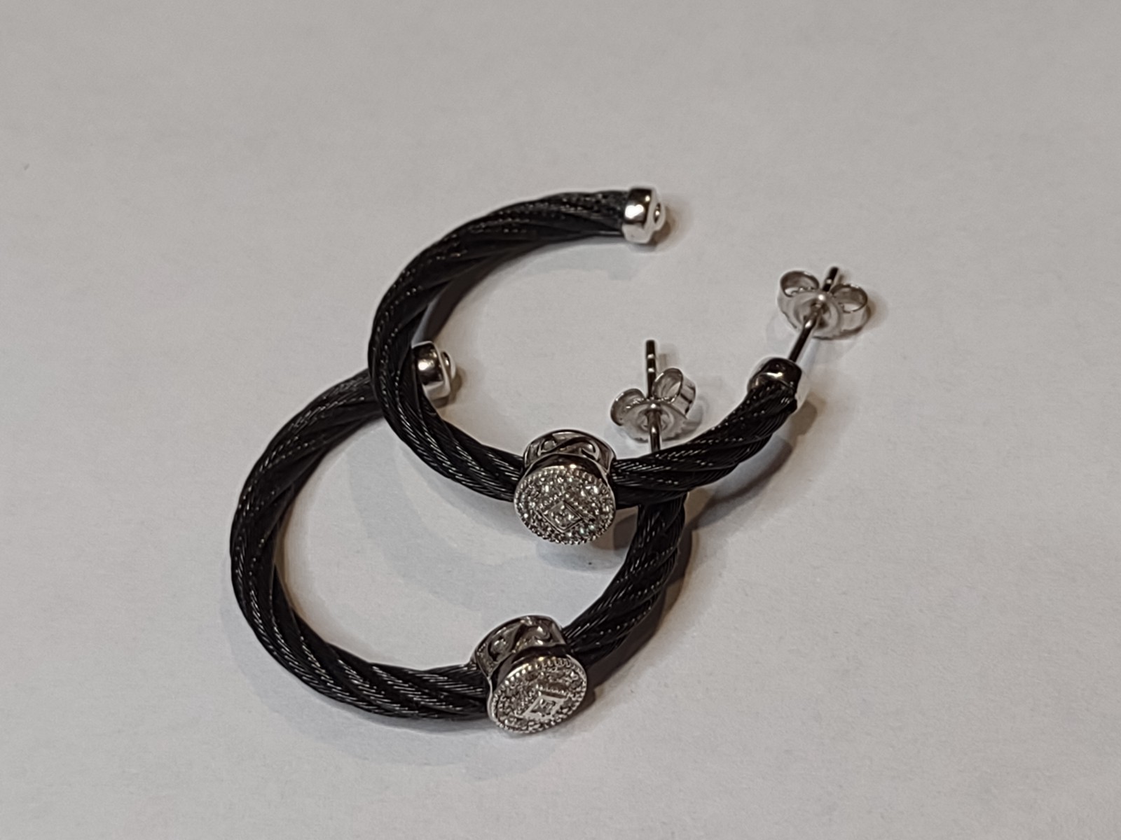 Charriol Black Steel Cable Hoop Earrings With 18Kt White Gold And Diamonds
