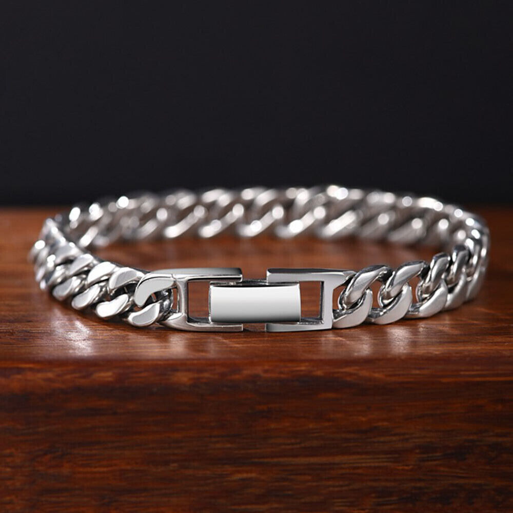 Pure S925 Sterling Silver Chain 5mm-8mm Cuban Curb Link Bracelet 6.7-8.7inch L