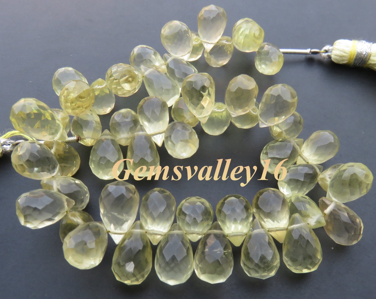 Natural Lemon Quartz Teardrop Fine Faceted Gems Beads 9-11.5mm 8″Strand GV-3638