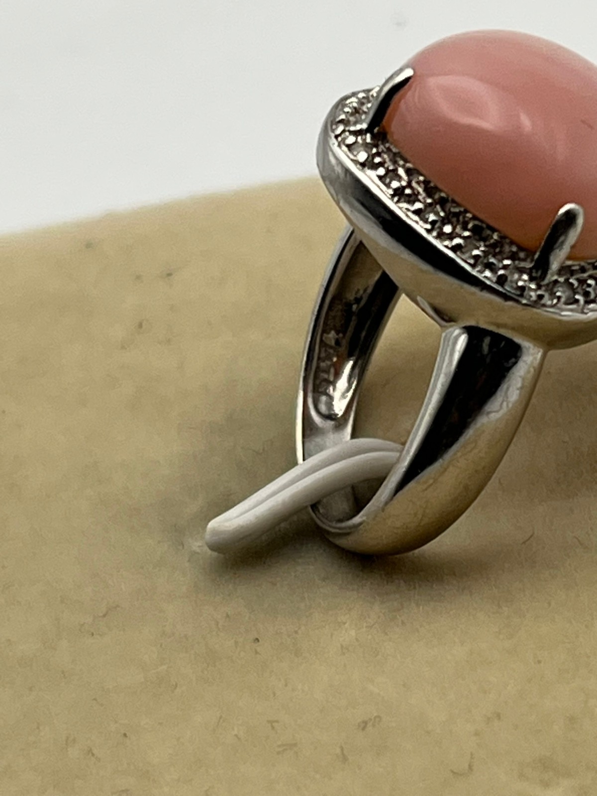 14K Solid White Gold Pink Coral Stone and Diamond Halo Ring Size 5.25