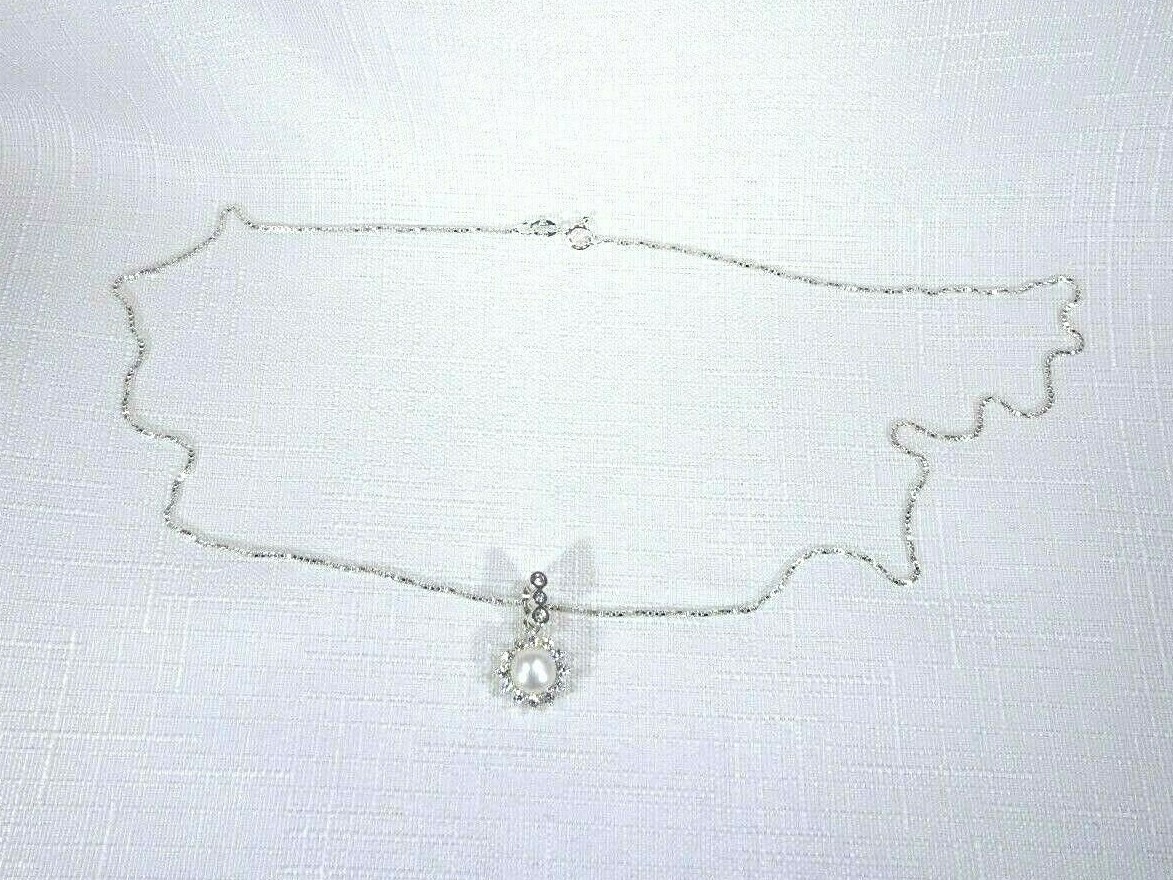 Cultured Freshwater White Pearl & White CZ Sterling Silver Italian Necklace