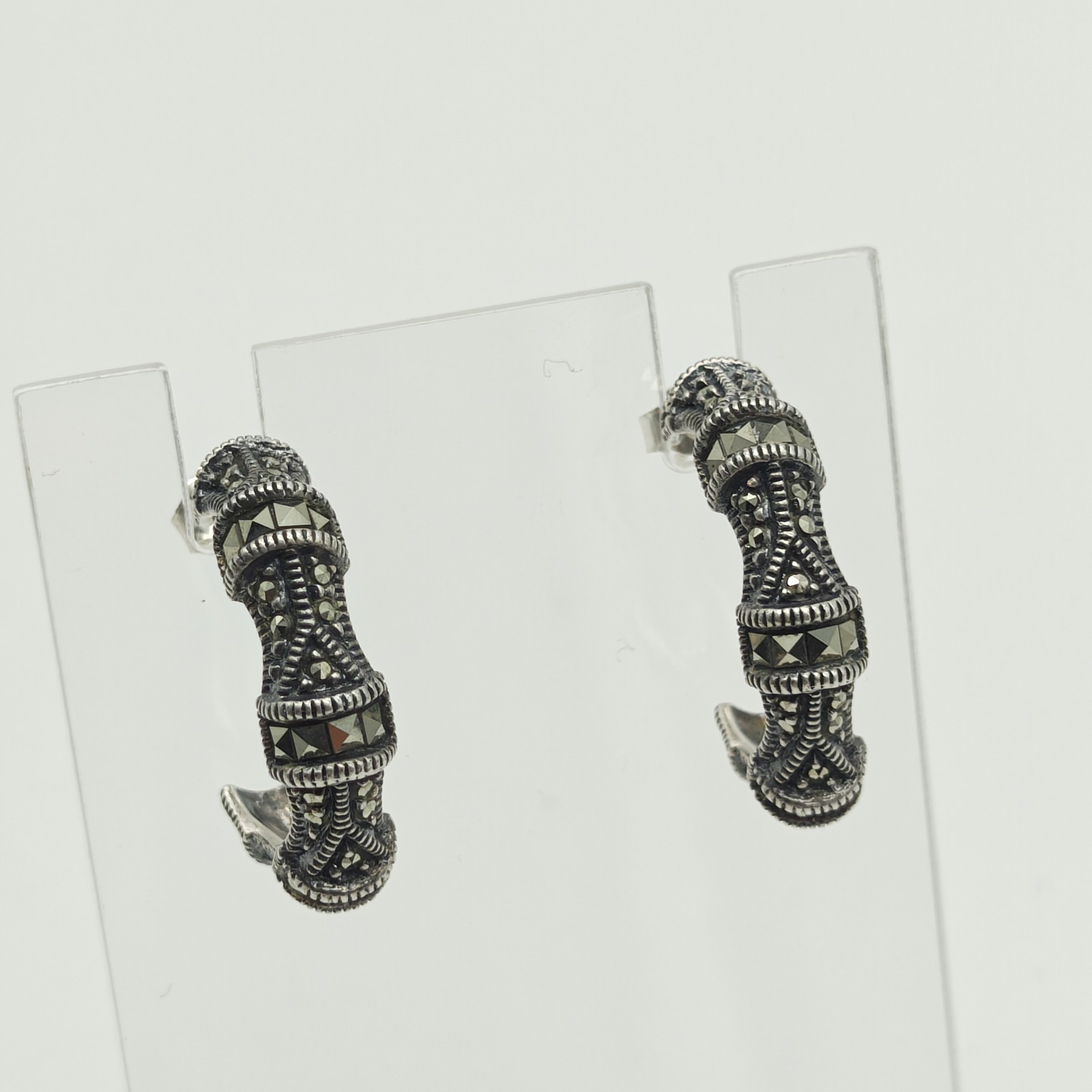 Vintage Judith Jack Sterling Silver 925 Marcasite Hoop Earrings