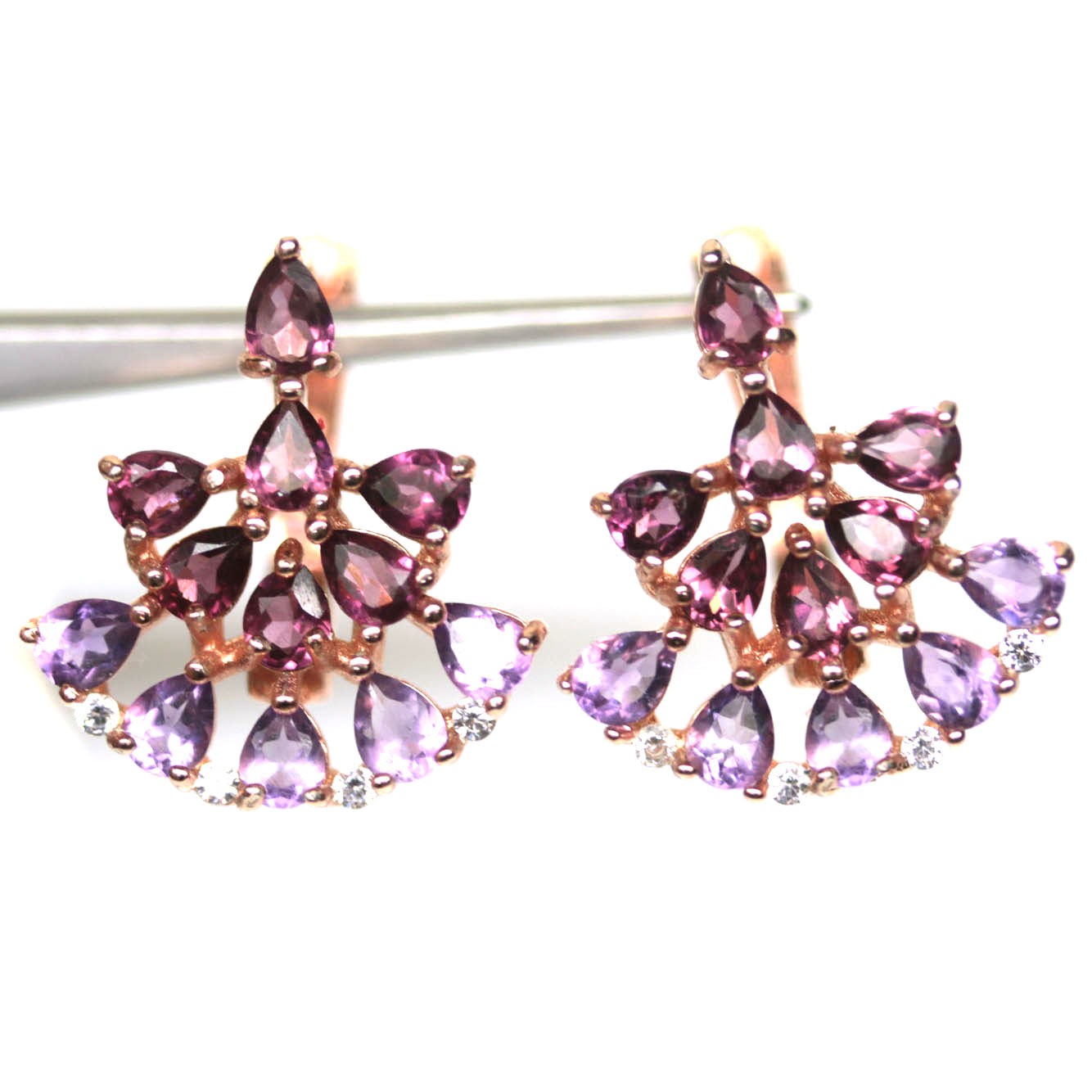 925 Sterling Silver Purplish Red Rhodolite, Amethyst & Zircon Earrings