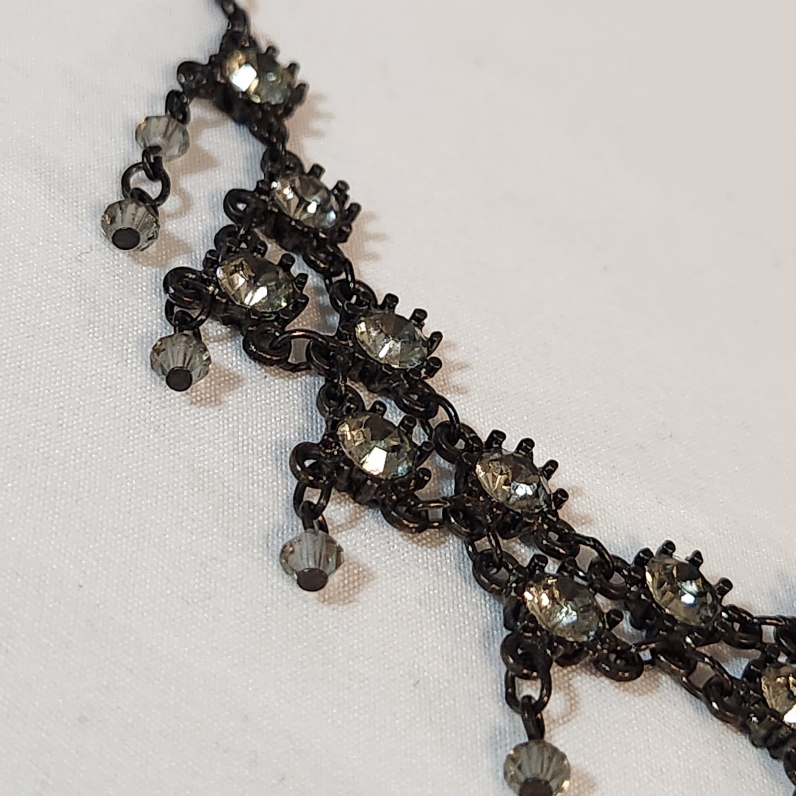 Austrian Crystal Necklace Gunmetal Cascade Bib Clear Rhinestones Dangling Signed
