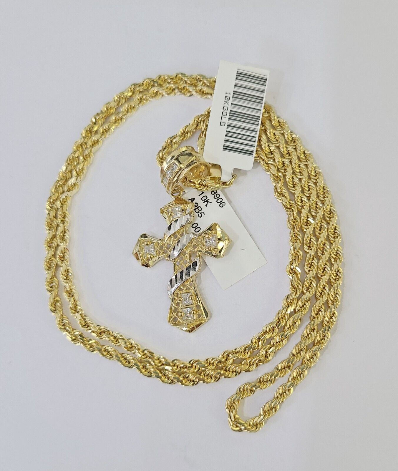 Real 10k 3mm Rope Chain Spiral Cross Pendant 18″ 20″ 22″ 24″ 26″ Gold Set