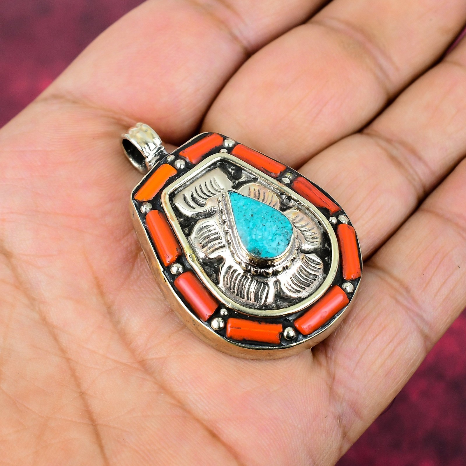 Coral ,Turquoise Gemstone Handmade 925 Sterling Silver Bohemian Jewelry Pendant