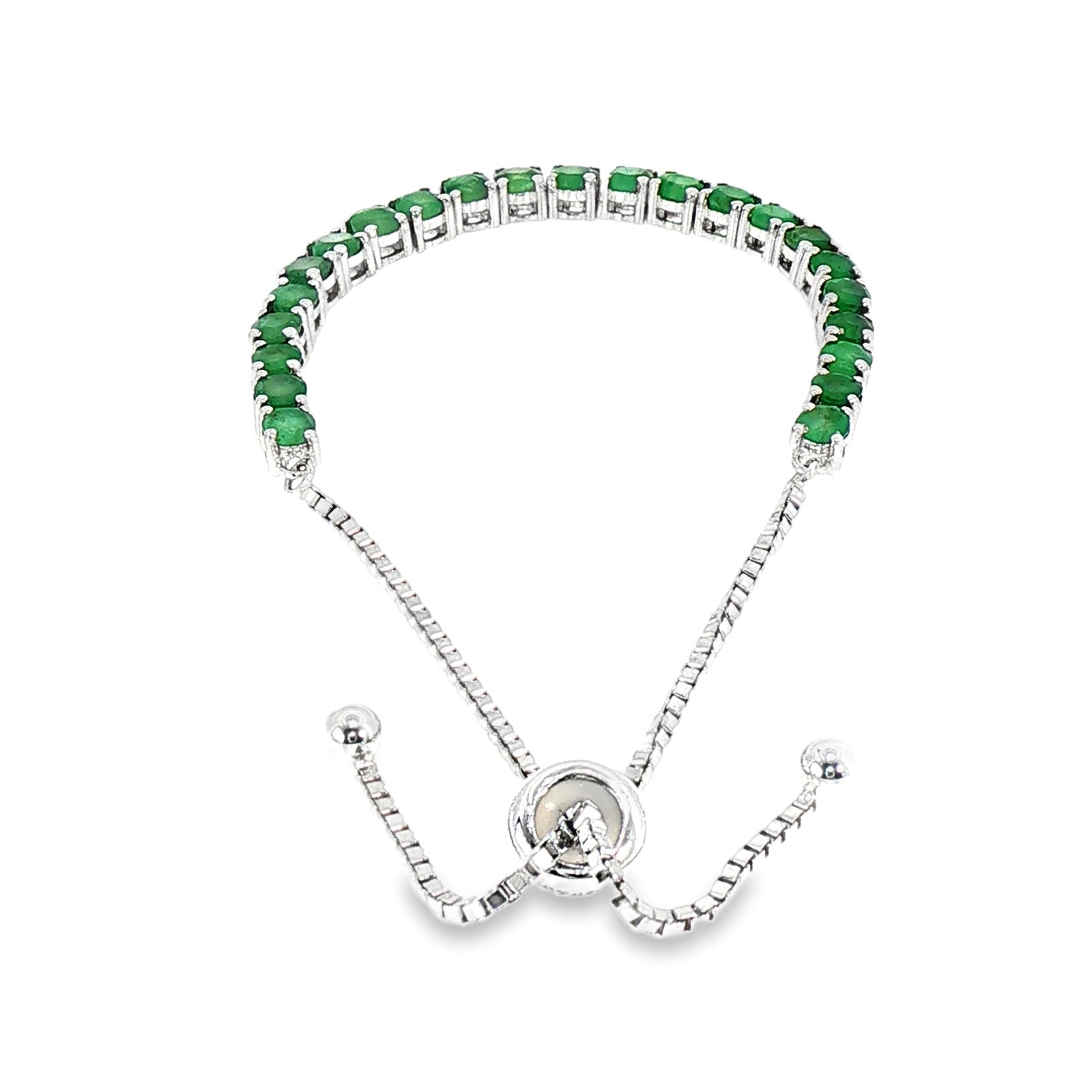 925 Sterling Silver Emerald Bracelet Adjustable Round 8.5gm Top Rich Green