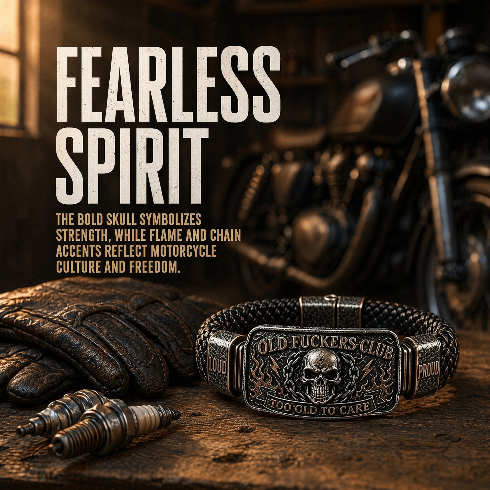 Old Fokers Club Skull Flame Biker Braided Bracelet, Gift for Dad Biker Men
