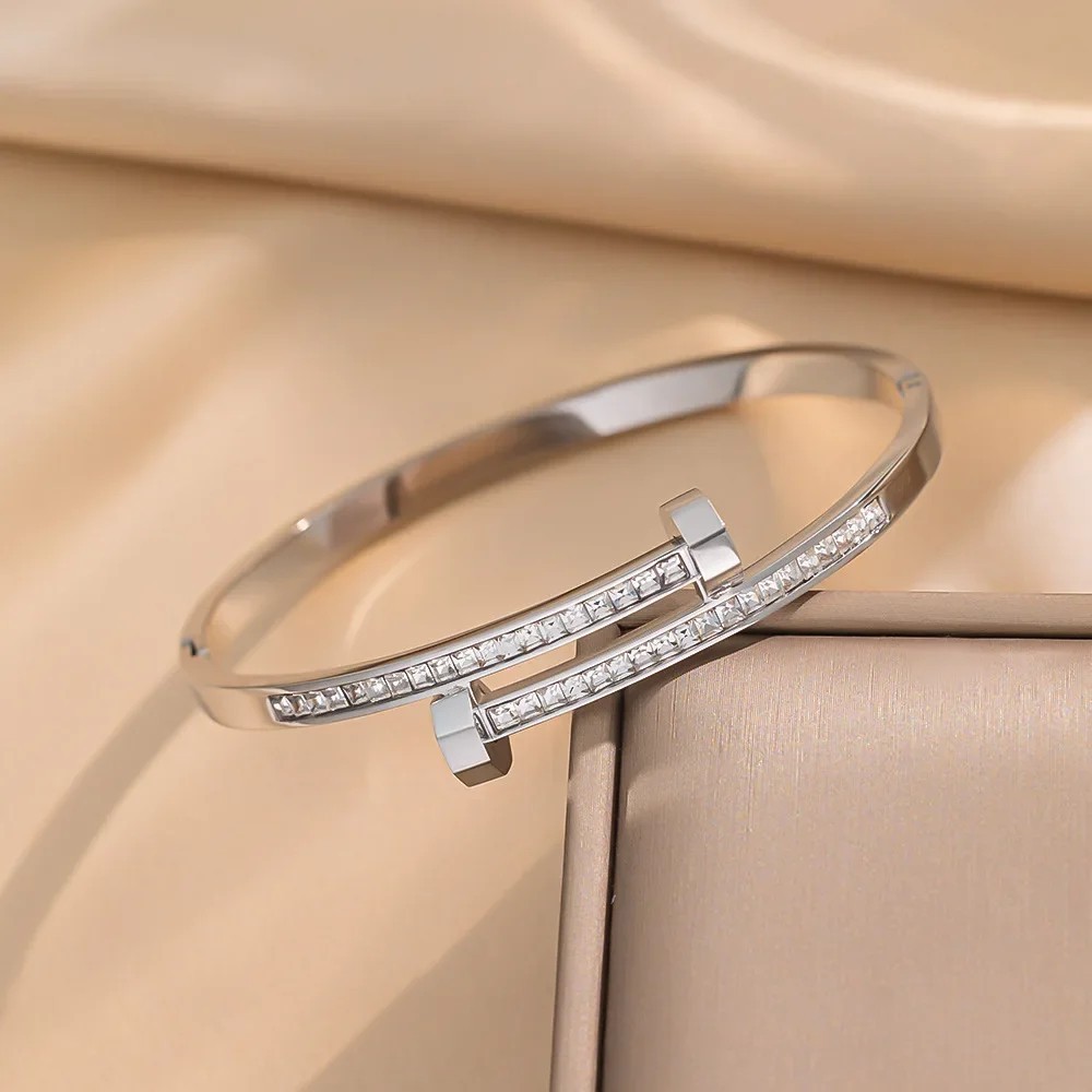 14k Yellow Gold plated Open Nail Bolt Trendy Bracelet AAA quality cubic zirconia